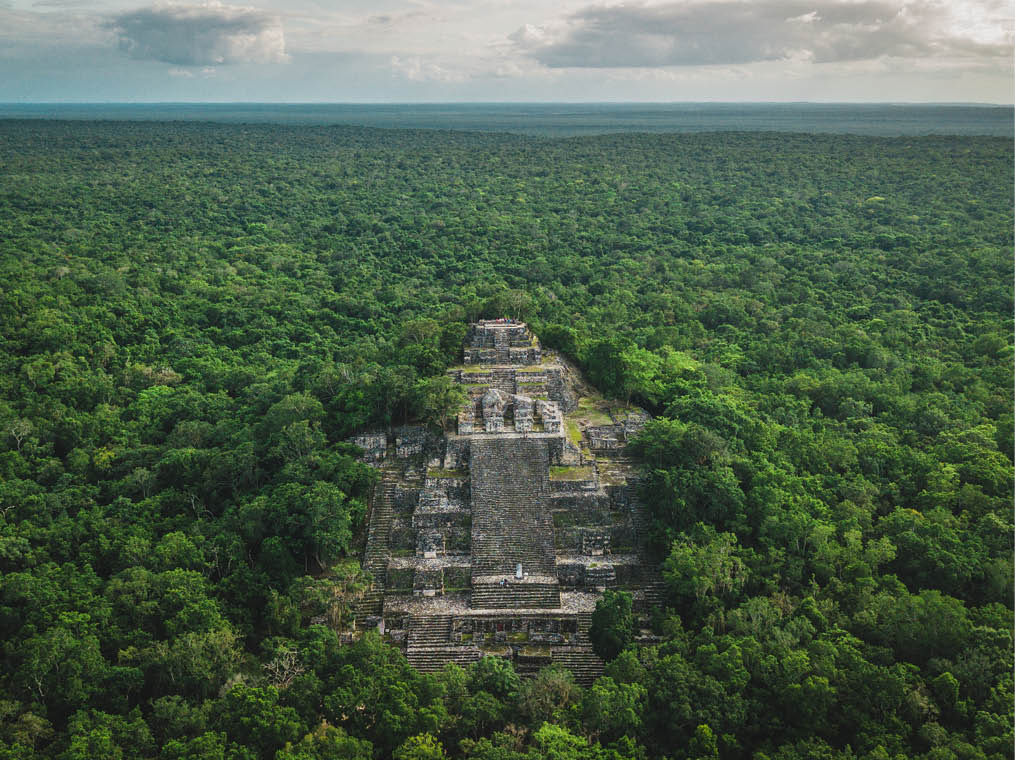 Aerial view of the pyramid, Calakmul, Campeche, Mexico  Ruins of the ancient Mayan city of Calakmul surrounded by the jungle
