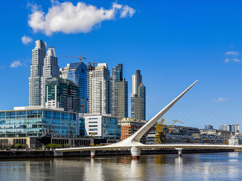 Daytime view at the waterfront in Puerto Madero with the Puente de la Mujer, Buenos Aires, Argentina 