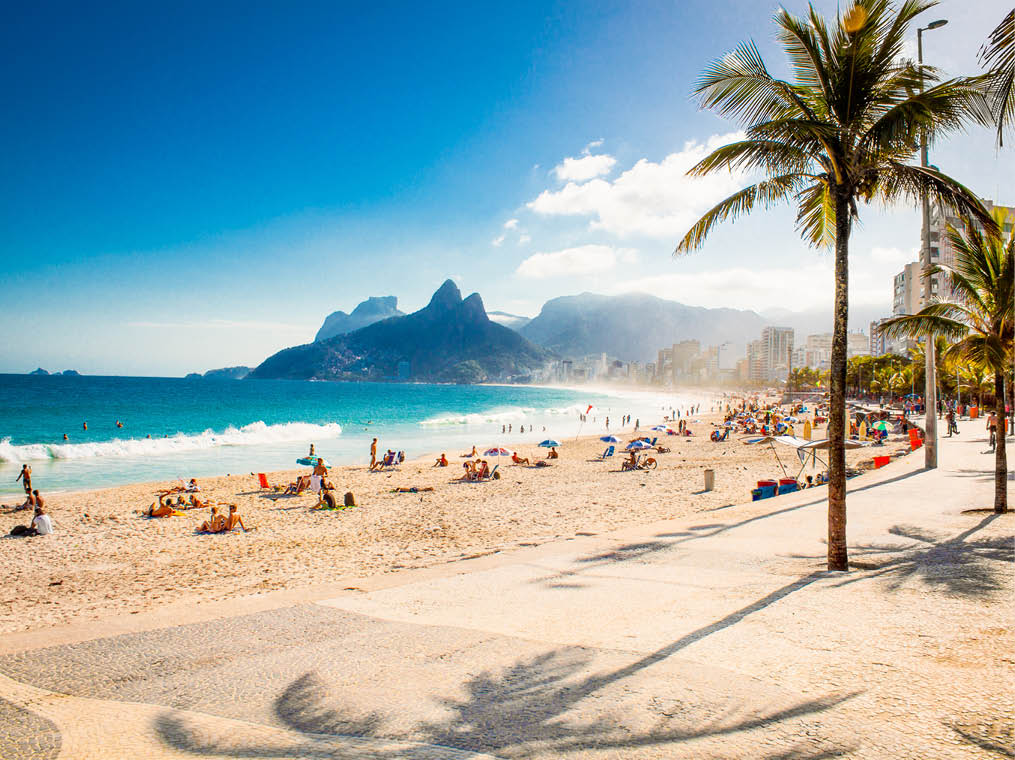 Palms and Two Brothers Mountain on Ipanema beach in Rio de Janeiro  Brazil 