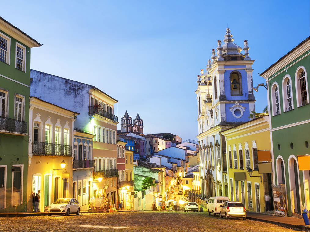 Colorful colonial houses at the historic district of Pelourinho at twilight in Salvador da Bahia, Brazil 