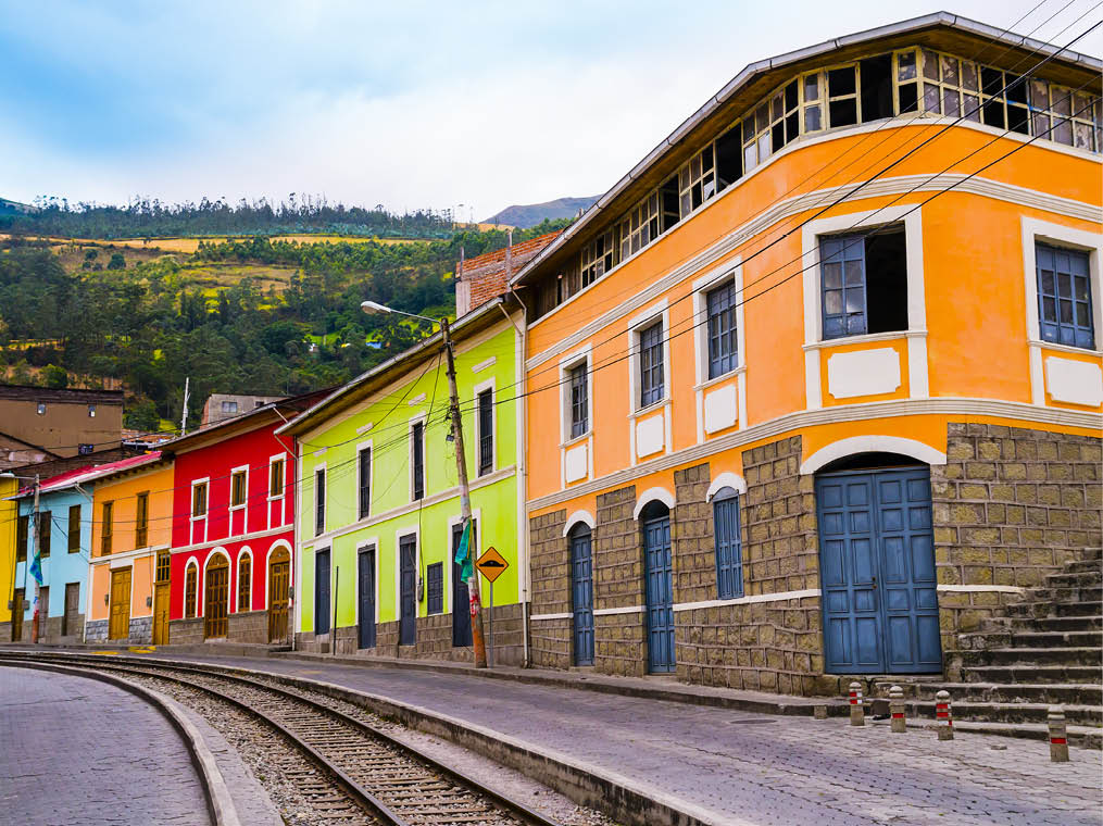 Colorful houses in Alausi railway station, starting-off point for Devil's Nose train in Ecuador