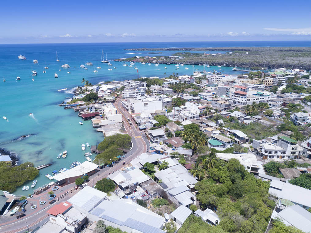 Aerial view of the small town of Puerto Ayora, Santa Cruz, Galapagos Islands, Ecuador