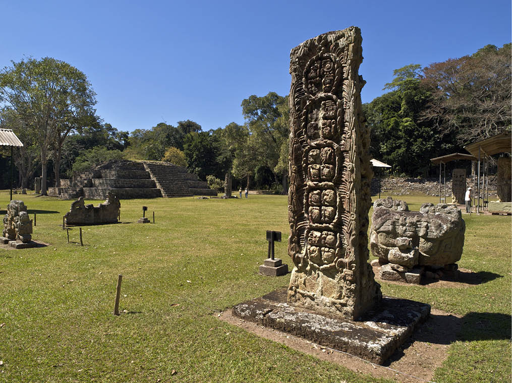 View of ancient Mayan ruins at Copan ruinas in Honduras