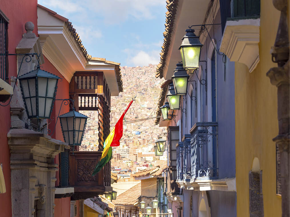 View of old colonial buildings on Jaen Street in La Paz, Bolivia
