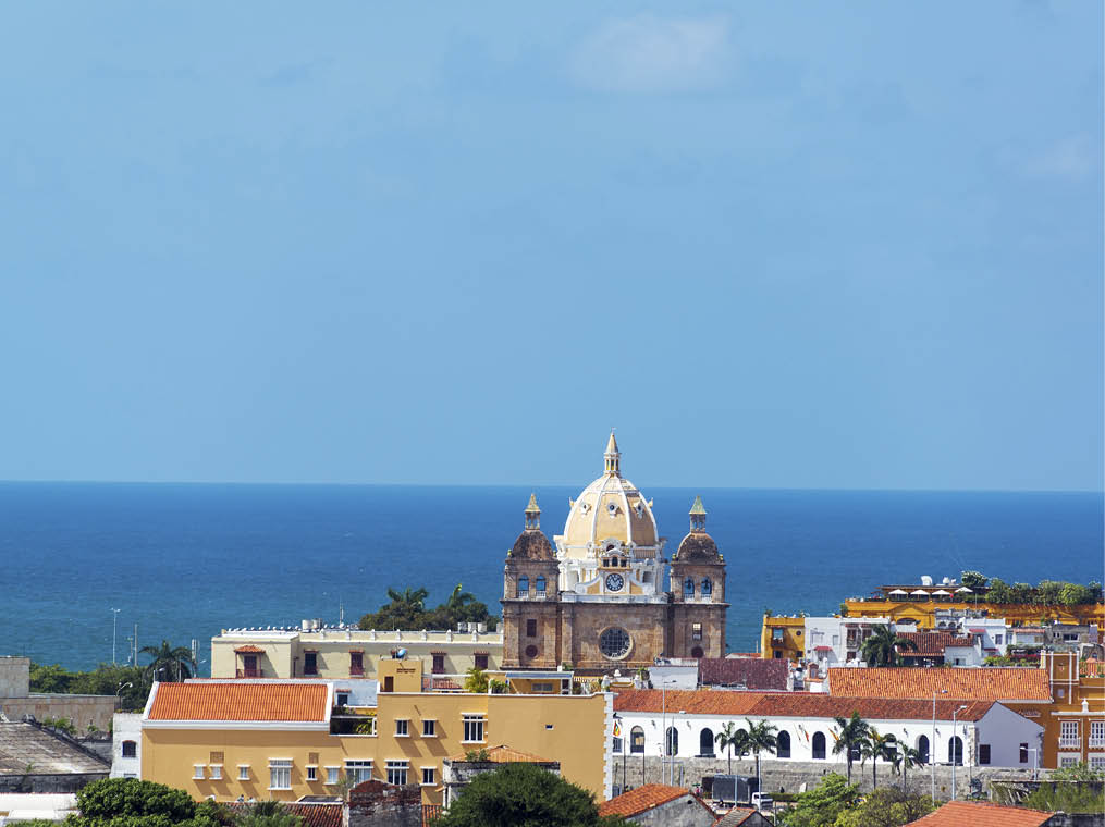 Historic center of Cartagena, Colombia with San Pedro Claver church featuring prominently in the center of the photograph