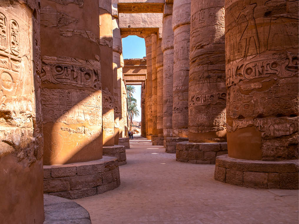 Huge columns in famous Karnak temple complex of Amon Ra in Luxor, Egypt