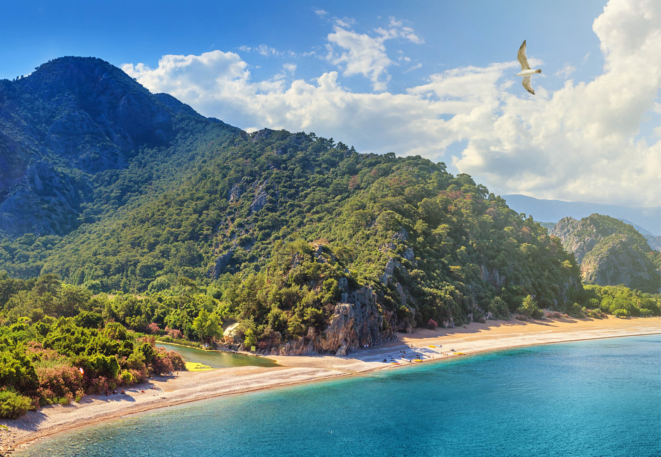 Summer mediterranean coastal landscape - view of the Cirali Olympos Beach, near the Turkish village of Cıralı, Antalya Province in Turkey