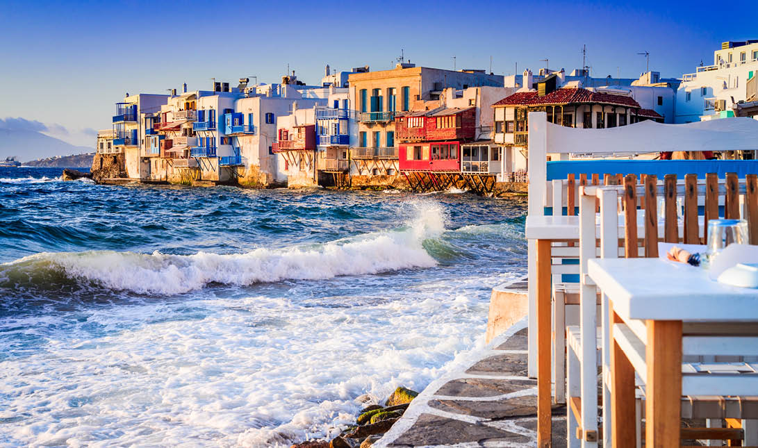 Mykonos, Greece  Little Venice waterfront houses, considered one of the most romantic places on the Cyclades Islands 