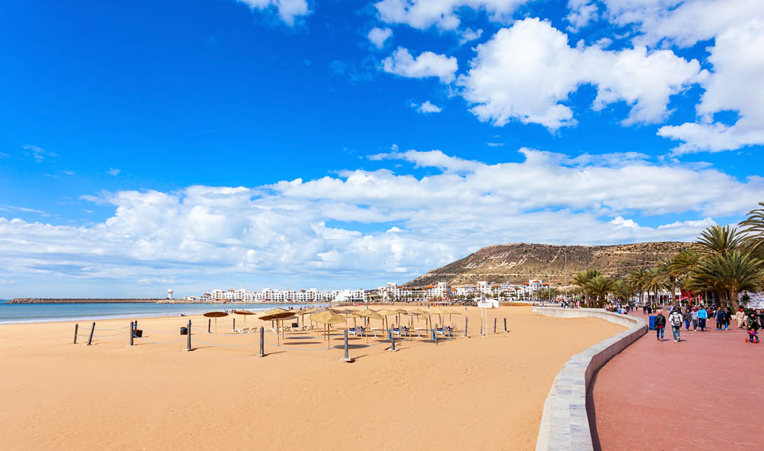 Agadir main beach in Agadir city, Morocco  Agadir is a major city in Morocco located on the shore of the Atlantic Ocean 