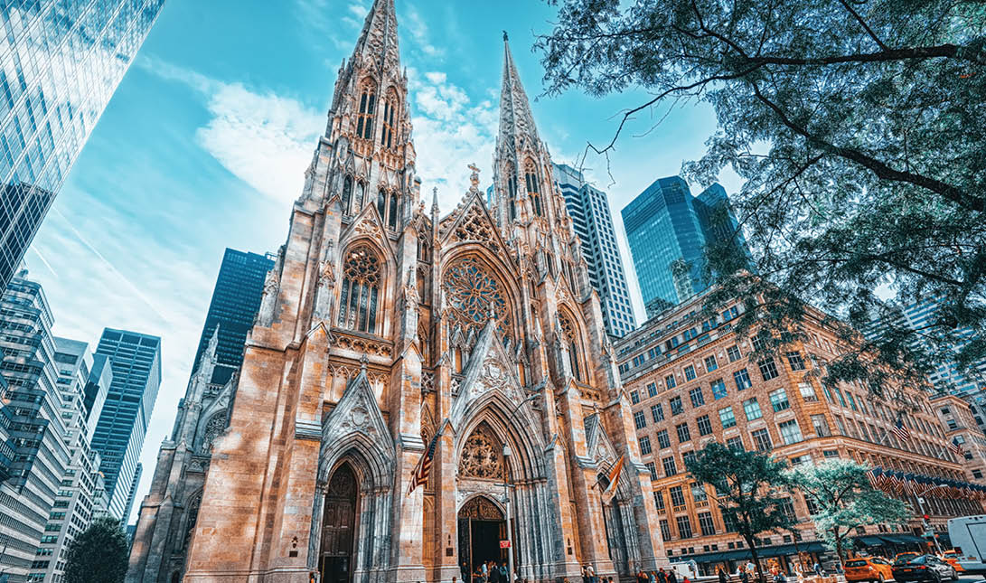 New York, USA- August 14, 2017: Cathedral of St  Patrick is a decorated Neo-Gothic-style Roman Catholic cathedral church in the United States 