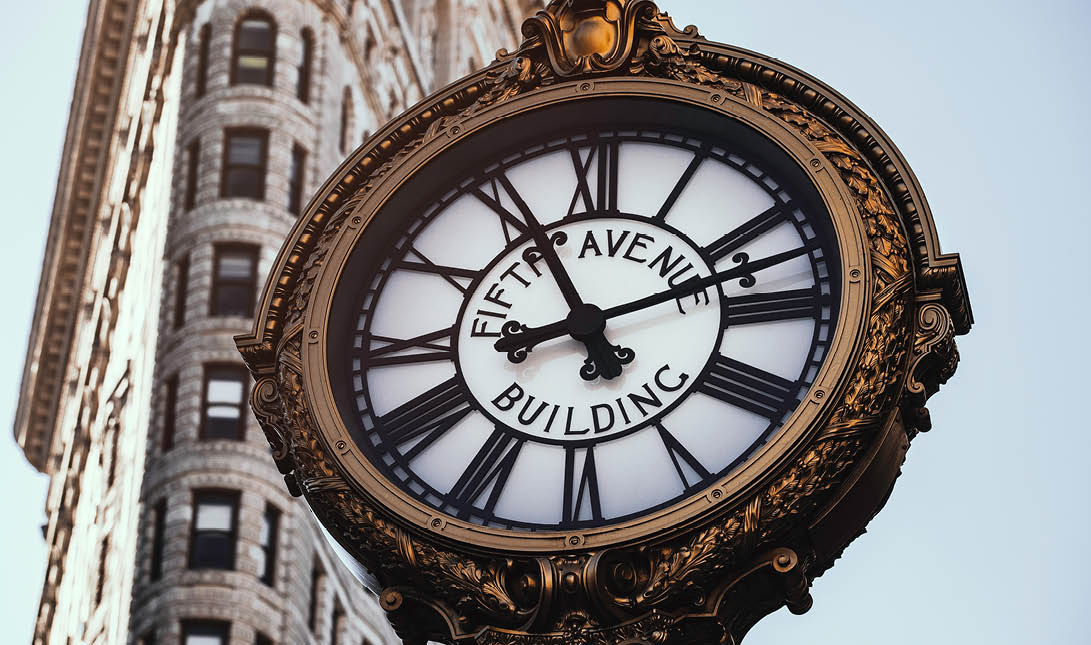New York City - USA - JAN 30 2019: Fifth Avenue Building Clock in Flatiron District at early morning