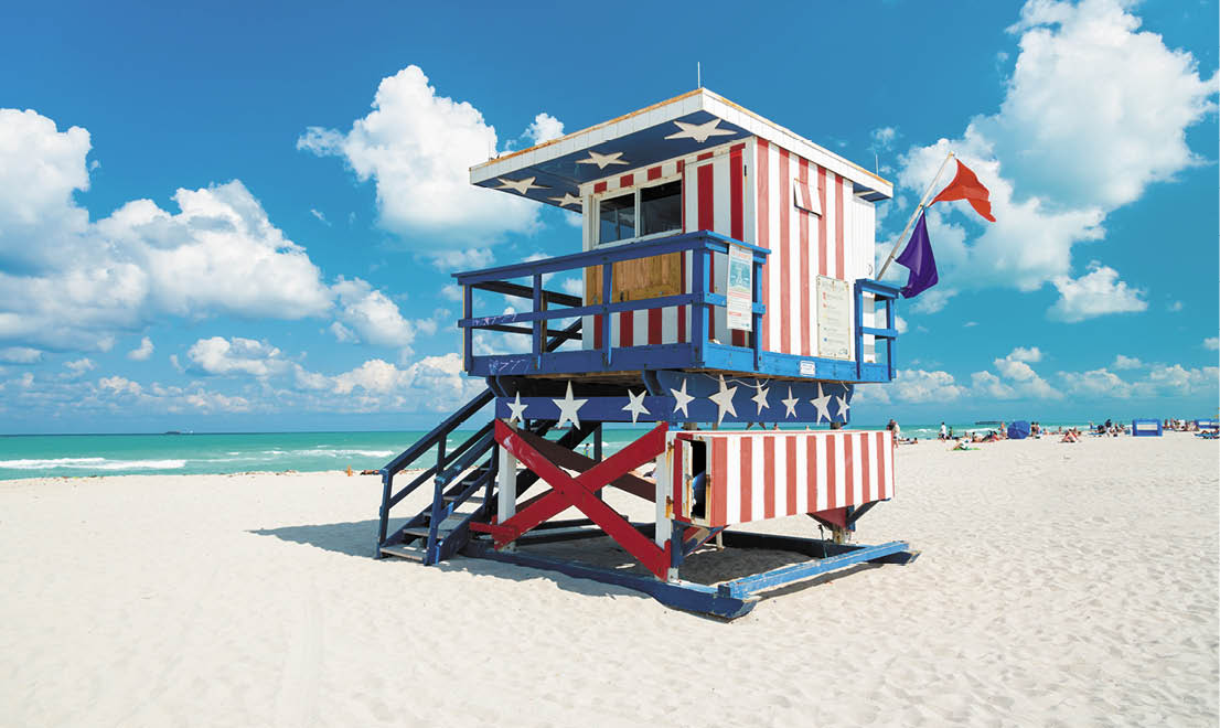 Lifeguard hut in South Beach with an american flag design, Miami