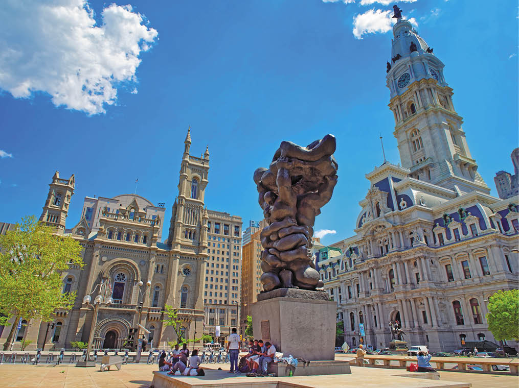 Philadelphia, USA - May 4, 2015: Square near Philadelphia City Hall with sculptures such as Government of the people sculpture 